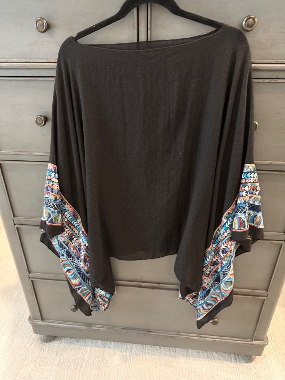 Three Bird Nest Black Poncho with Multicolor Embroidered Trim